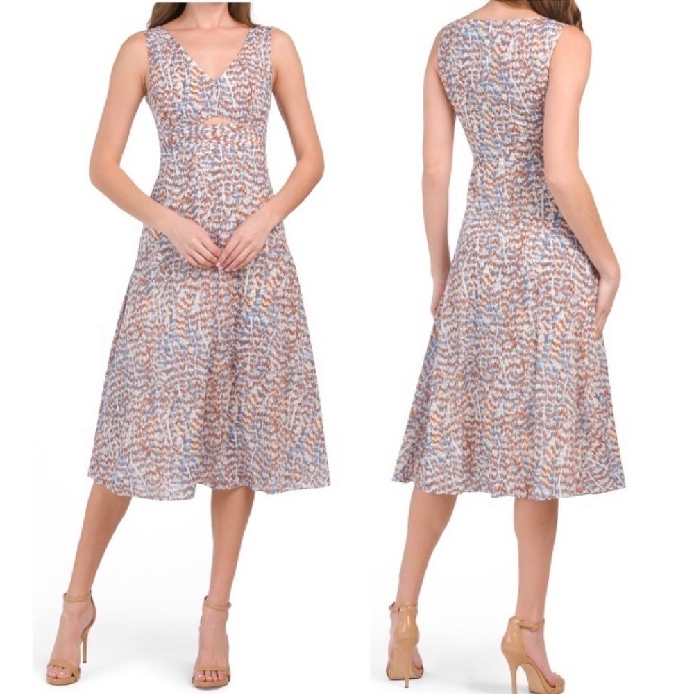 THEORY Abstract Print A-Line Sleeveless V-Neck Cut-Out Cocktail Midi Dress NEW